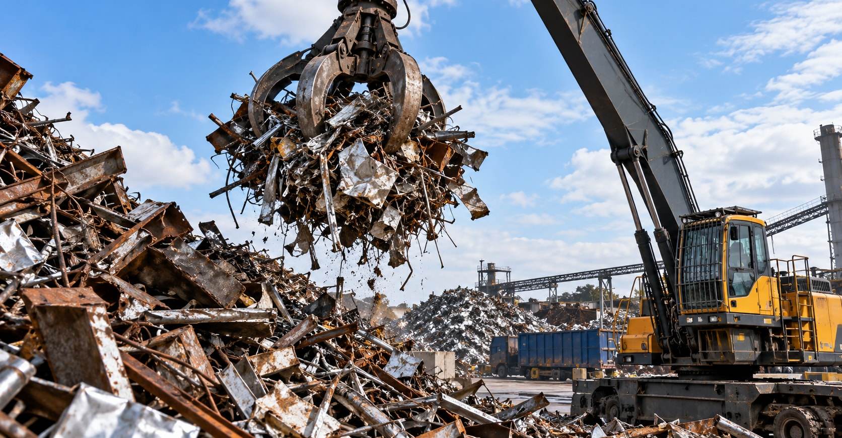 A grapple on a material handler lifts a load of mixed steel scrap above a heap.