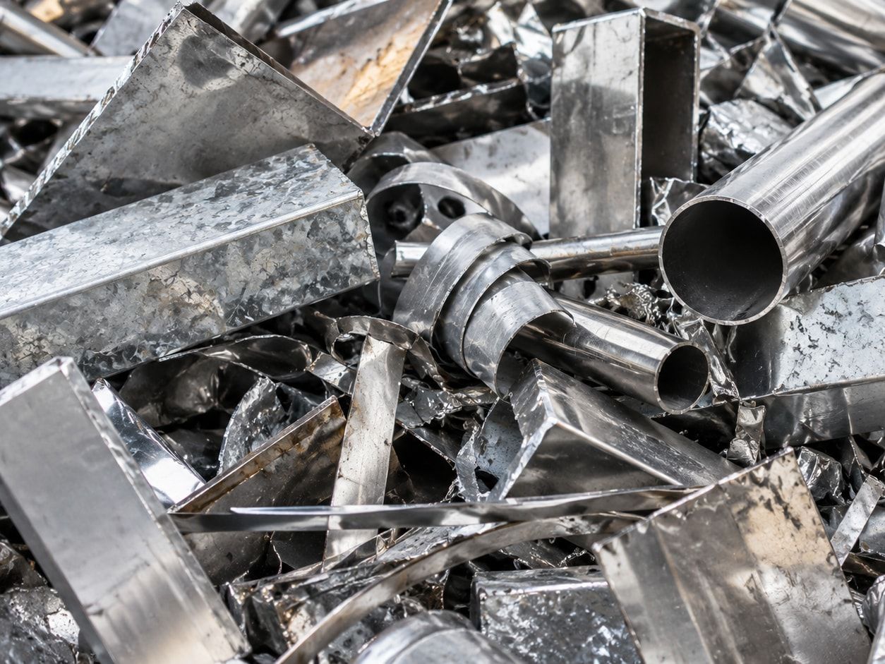 Close-up of clean new production steel offcuts: tubes, box sections and chequer plate.