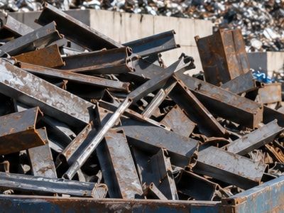 Rusty structural steel offcuts – angle, channel and beam sections – in a skip.